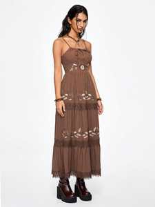 Robe longue tissée en coton 100% pour femme, marron, avec broderie appliquée, col carré, manches courtes, style décontracté et élégant, idéale pour l'été - Product Image 2