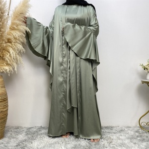 1925# Smooth Satin <b>Abaya</b> Set Elegant Two Pieces Sets Long Sleeve Inner Wrap Dress Plus Open <b>Abaya</b> Sets for Muslim Ladies - Product Image 6