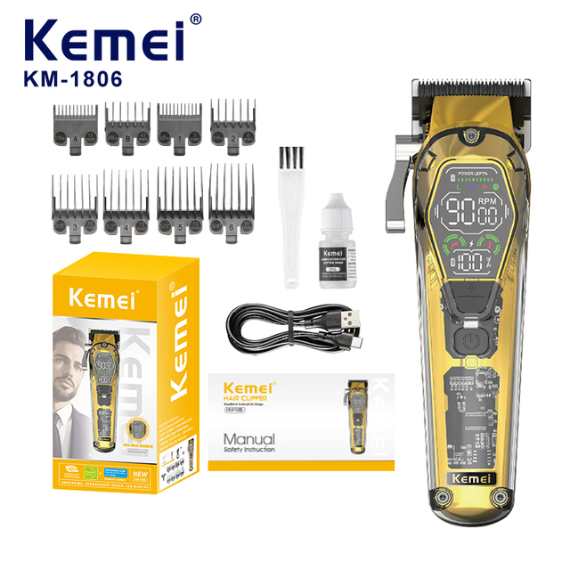 Kemei Km1806 2000mAh Li-battery Hair Clipper Transparent Professional Adjust Stainless Steal Blades 9000RPM Fastest Hair Trimmer