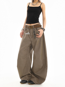 Celana Denim cuci cokelat kelas atas celana longgar ritsleting tersembunyi rendah di depan dan belakang <span class=keywords><strong>Jeans</strong></span> gaya uniseks celah ultra longgar di kaki - Product Image 4