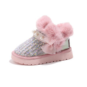Roze Witte Kindermode Winter Sneeuw Harige Parel Strass Prinsestone Laarzen Meisjes Fleece Gevoerde Warme Laarzen - Product Image 5
