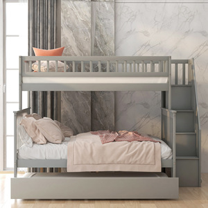 Grey <b>Wooden</b> <b>Bunk</b> <b>Bed</b> With Stairs And Pull Out Trundle For Kids Bedroom Storage Design - Product Image 2