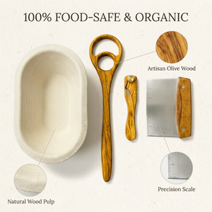 Kit de Cuisson au Levain 4 Pièces en Bois d'Olivier Durable : Fouet Danois, Couteau à Pain, Moule à Pain en Bois (Brotform) pour Panier, Grattoir à Pâte et Revêtements - Product Image 5