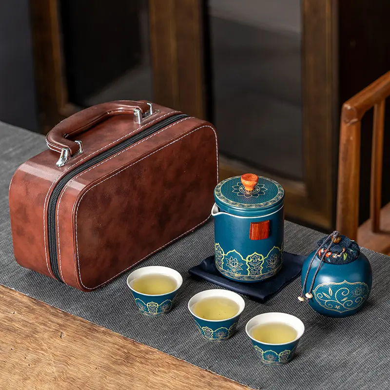 Luxus Reise Tee tasse Teekanne Set Keramik Kung Fu Tee Set Ein Topf Tragbare Porzellan Reise vergoldet Tee Set Mit Leder Geschenk box