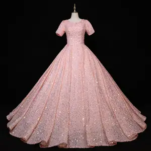 Сделанное на заказ розовое блестящее Тюлевое бальное платье с V-образным вырезом пышные короткие рукава Quinceanera платья для девочек