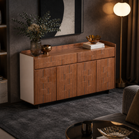 Buffet de luxe en cuir tressé avec verre trempé et décor en acier inoxydable, meuble de salle à manger