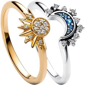 Keluaran baru 14K cincin akad Persahabatan Set cincin bulan dan matahari Celestial berkilau untuk wanita dan anak perempuan