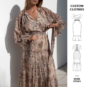 Retro Print Patchwork Pullover Dress Women Deep V Neck Bodycon Party Dress customized Drawstring Office Lady casual Dress