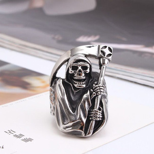 Grim Reaper Skull <b>Ring</b> | Antique Finish Stainless Steel Gothic Biker <b>Ring</b> for Men | Vintage Silver Tone Heavy <b>Statement</b> Jewelry - Product Image 2