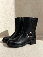 Bottes mi-mollet noires à bout carré, bride métallique, talon carré bas, style moto, pour femme, automne-hiver, chaussures de ville, OEM ODM