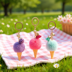 Fashion Plush Ice Cream Cone Keychain with Pom Pom Tassel, Eco-Friendly Designer Keyring for Women and <b>Girls</b>, 10 Colors, DingHon - Product Image 2