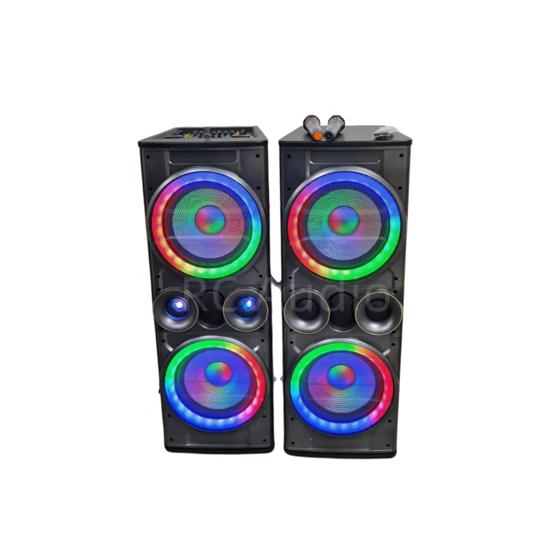 Casing kayu USB SD BT FM AUX mikrofon Input disko lampu LED Audio profesional ganda 10 inci Speaker panggung aktif FOB