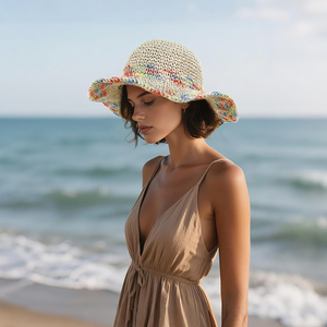 Chapeau de paille d'été pour femme à large bord, chapeau bob crocheté à la main pour la plage, protection solaire, extérieur, chapeau de pêcheur pour le voyage - Product Image 1