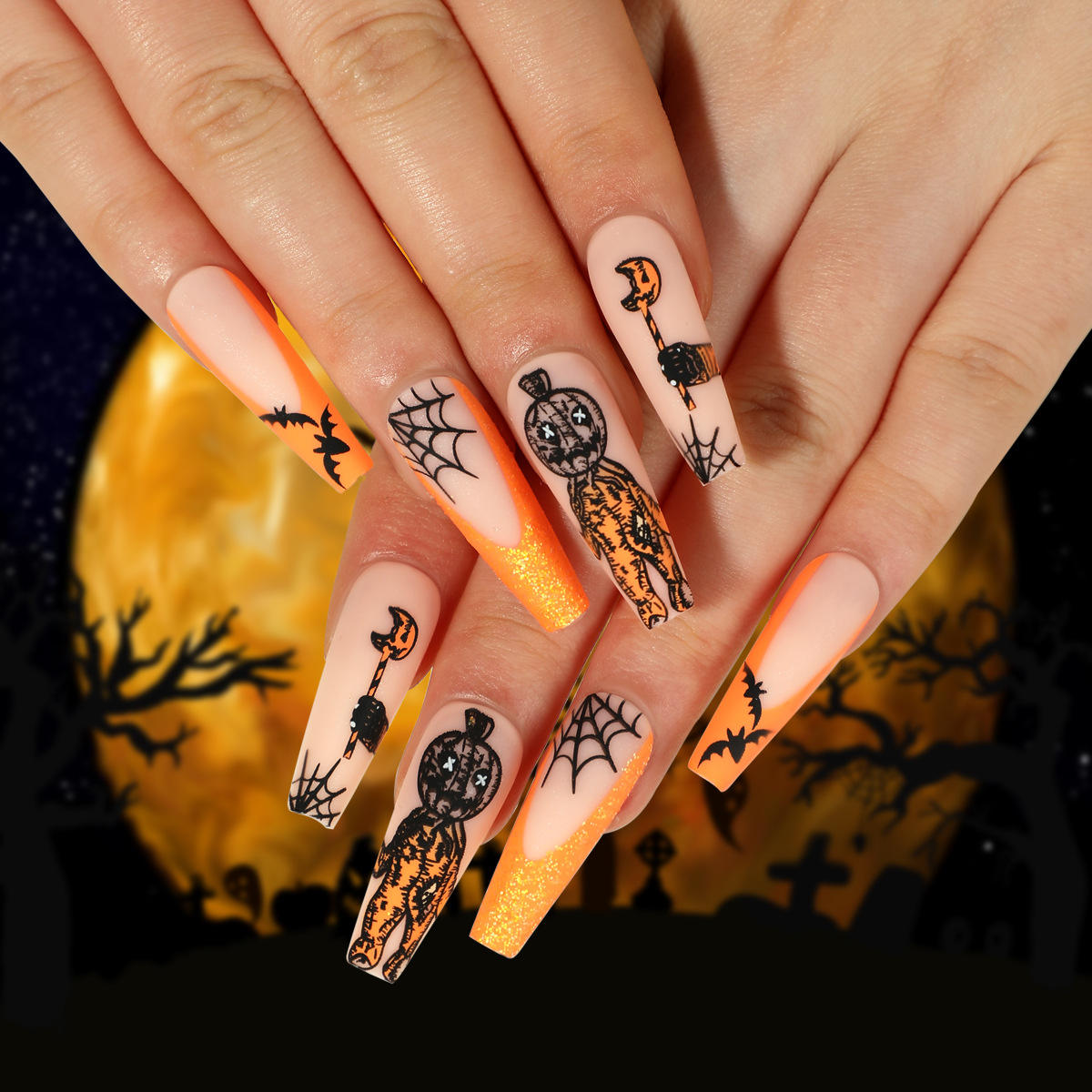 Hot New Fashion Halloween 24pcs/Set Long Handmade Coffin Fake Acrylic Nails Custom Logo French Style Press on Nails Short