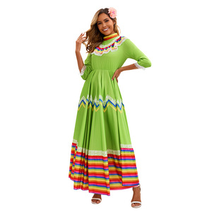 Vestido largo de estilo étnico mexicano para mujer, disfraz para actuación en escenario, verde, amarillo, talla para adultos - Product Image 5
