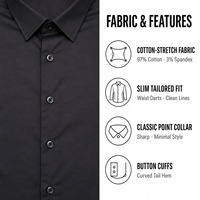 Chemise habillée noire unie slim fit pour homme en coton et élasthanne extensible à manches longues, col ouvert, pour le bureau et les occasions décontractées