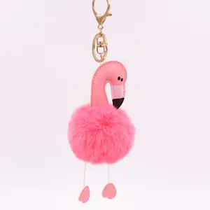 Cute Flamingo Pompom Keychain Women Rabbit Fur Swan Car Key Ring Holder Bag Charm Pendant Best Friend Accessories Gift