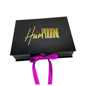 Boîtes cadeaux de luxe en carton noir avec logo personnalisé extension de cheveux de faisceau de cheveux emballage de boîte de perruque avec ruban insert en satin pour perruques
