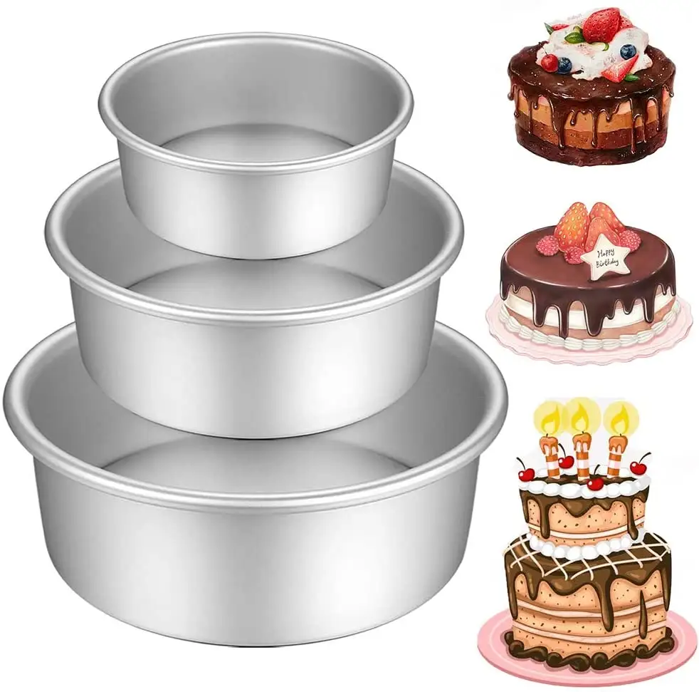 비 스틱 딥 3 조각 라운드 금속 알루미늄 베이킹 케이크 주석 베이킹 4 6 8 인치 웨딩 생일 크리스마스 케이크