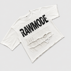 OEM <b>White</b> Distressed <b>T</b>-<b>shirt</b> Oversized Boxy Fit Letter Print Raw Hem Patchwork Streetwear Heavy Cotton Tee Factory Men <b>T</b> <b>Shirt</b> - Product Image 1