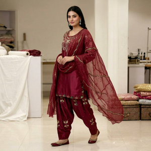 <b>Women's</b> <b>3</b> <b>Piece</b> Embroidered Satin Woven Sequined <b>Suit</b> Set Maroon O-Neck Full Sleeve Regular Fit Knee Length Elegant Style - Product Image 1