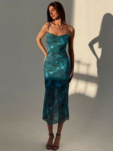 Abito Floreale da Donna <span class=keywords><strong>con</strong></span> Dettagli in Rete, Spalline Sottili, Colletto Plissettato e Stile Lungo <span class=keywords><strong>Aderente</strong></span> - Product Image 5
