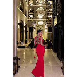 Vestido de Noche Rojo Satinado con Diseño de Rosa Dominicana, Cintura Imperio, Estilo Sencillo para Fiesta, con Volantes, Drapeado, Pedrería, Perlas y Lentejuelas, Largo hasta el Suelo - Product Image 3