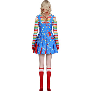 Chucky Cosplay Dress Women's Halloween Costume Blue With Rainbow Stripes And Red <b>Socks</b> Polyester Fiber Material - Product Image 2