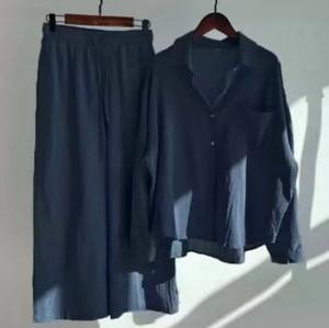 Conjuntos de alta calidad para mujer, de talla grande Retro de algodón camisa de lino, pantalones sueltos de cintura alta, conjunto de dos piezas para mujer - Product Image 6