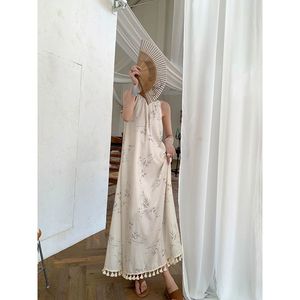Chinese Style Floral Halter Neck Dress Loose Fit Long Skirt With Tassel Hem For Summer Beach Vacation - Product Image 2