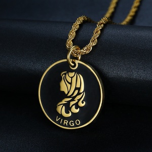 Collier rond en émail noir 18K, bijou pour hommes et femmes, pièce de monnaie en forme de métal précieux, du zodiaque, - Product Image 4