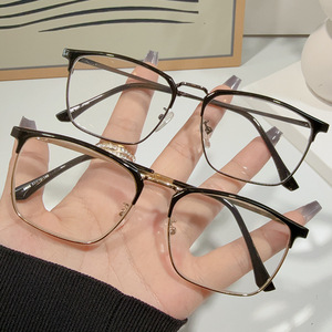 Semi-Rimless Rectangle Eyeglasses <b>Frame</b> Plano Lenses Anti-Blue Light Photochromic Lightweight Unisex <b>Metal</b> <b>Frame</b> - Product Image 1
