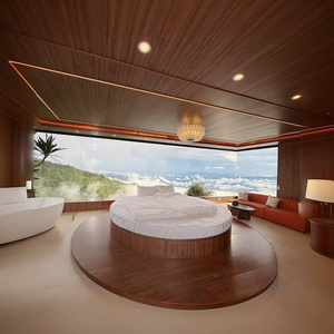 High Quality Luxury Round Platform <b>Bed</b> with <b>LED</b> Light Walnut Veneer MDF Hotel Villa Bedroom Furniture Easy Assembly - Product Image 2