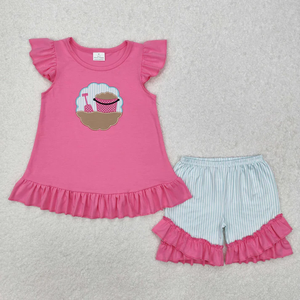 Ensemble de vêtements d'été pour filles, haut brodé avec ballon de plage, short rose - Product Image 6