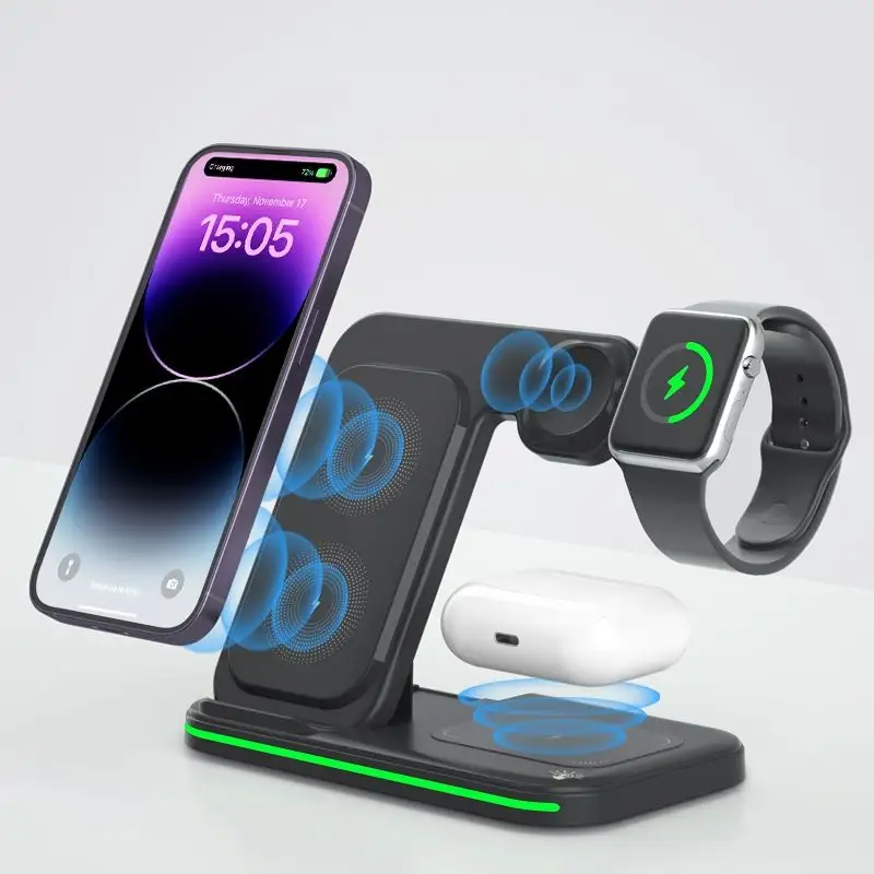 Multi function 3 in 1 wireless charging stand adjustable wireless phone charger 3 in 1 with indicator light watch charger