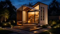 Bureau de jardin préfabriqué moderne de 10 m² en panneaux SIP, atelier de jardin à un étage avec mur vitré haut et aménagement intérieur personnalisé