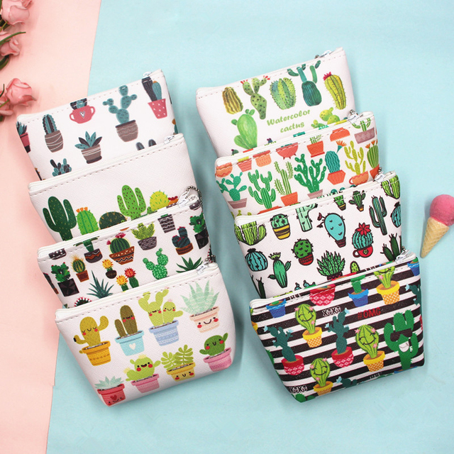 PU Zipper Coin Purse Creative Cartoon Key Coin Wallet Custom Portable Cactus Pattern Change Storage Wallet Mini Pu Key Bag