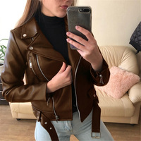 Nouvelle Mode Veste Blouson Biker Femme Fille en Cuir PU Manches Longues Printemps Automne Coupe Cintrée Décontractée Couleur Unie Fermeture Éclair