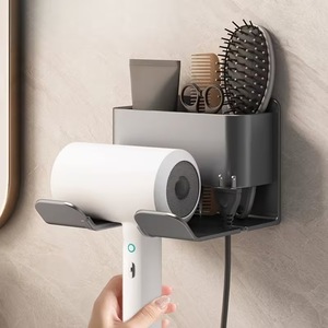 Hair Dryer Holder Wall Mounted Storage Rack With Shelf For Bathroom Hair Tools Organizer Matte Black Rectangle Corner Mount - Product Image 1