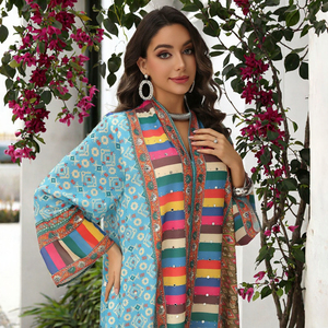 Colorful Striped Rhinestone Printed Lightweight Breathable Modest Adults V Neck Long Sleeve Maxi Abaya <b>Plus</b> <b>Size</b> Islamic Rayon - Product Image 2