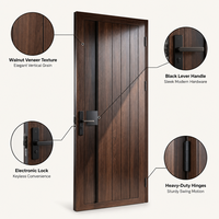 Porte d'entrée extérieure de luxe moderne en bois massif, anti-effraction, avec panneau géométrique, poignée longue et serrure intelligente sécurisée pour maison