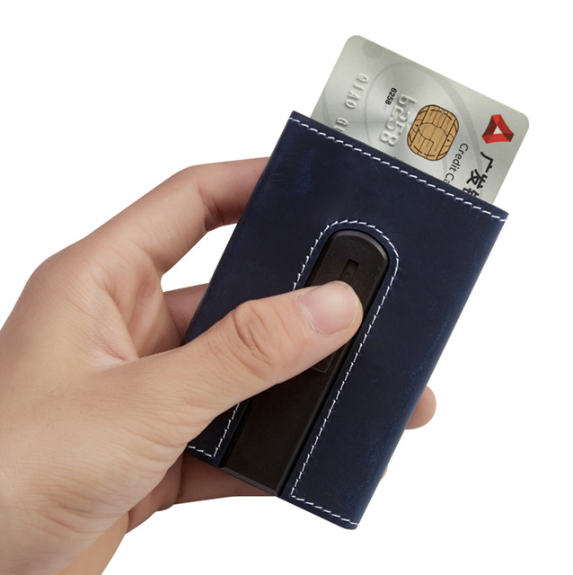 Pop up RFID Blocking Leather Holder Slim Metal Wallet for Men Smart Minimalist Credit Card Wallet