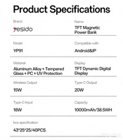 Yesido 10000mAh PD20W Charge rapide 15W Charge rapide sans fil Affichage numérique dynamique TFT Batterie externe magnétique YP91