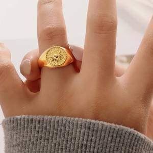 Stainless Steel 18K Gold Plated Sun Totem Ring-Dot <b>Decor</b> Relief Design Trendy <b>Retro</b> Style Yuanheng Brand Jewelry for Commuting - Product Image 6