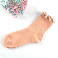 Chaussettes en coton tricoté transparentes, respirantes, antibactériennes, colorées, unies, à volants, pour femmes, avec perle, vente en gros