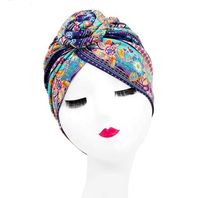 Turban en spirale avec nœud torsadé pour femme, Turban à imprimé arabe, bonnet en coton à la mode