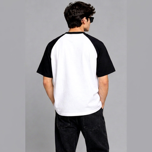 Camiseta de Manga Raglán Blanca y Negra para Hombre, Corte Regular, Cuello Redondo, Informal, 100% Algodón Jersey, Estilo Urbano, Color Sólido, Secado Rápido - Product Image 2