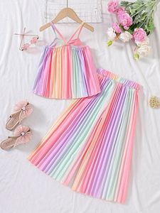 4-7Y abbigliamento estivo per <span class=keywords><strong>bambina</strong></span> bretelle colorate plissettate <span class=keywords><strong>pantaloni</strong></span> larghi 2 pezzi vestiti per bambini - Product Image 5