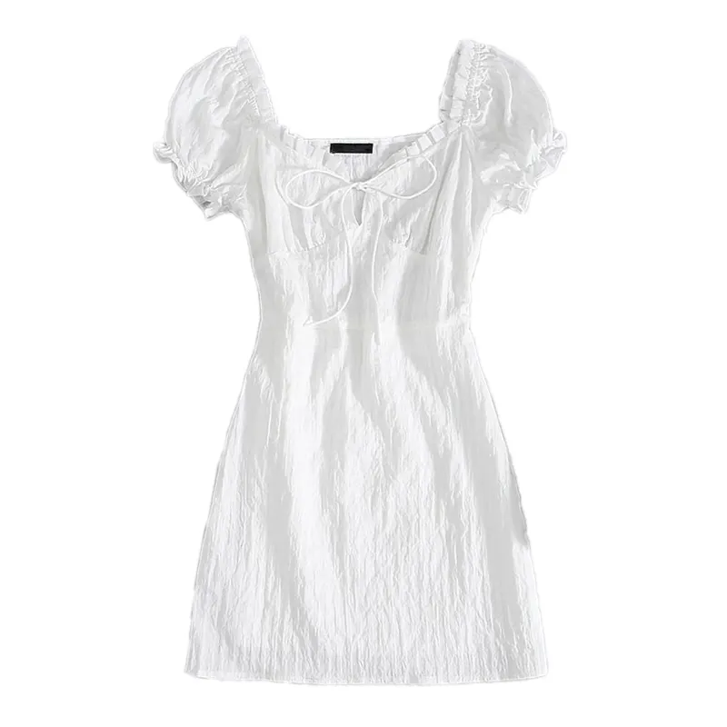 MANNI Style Dress Puff Sleeve Frill Trim Tie Front Vestido arrugado Blanco Corea Full Summer Mini Vestidos Casuales