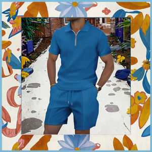 Ensemble de vêtements d'extérieur d'été décontractés deux pièces pour hommes costume de pantalon à fermeture éclair respirant avec col à manches courtes de couleur unie tissage tricoté - Product Image 2